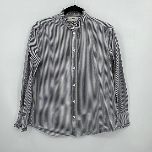 Celine Classic with Frill Collar in Stripped Cotton Black/White Size 42/ US 10 - Picture 1 of 8